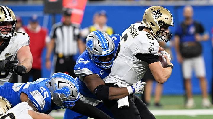 Sep 13, 2026; Detroit, Michigan, USA; New Orleans Saints quarterback Tyler Shough (6) is sacked by Detroit Lions defensive line Alim McNeill (54) in overtime at Ford Field. Mandatory Credit: Lon Horwedel-Imagn Images Sep 13, 2026; Detroit, Michigan, USA; New Orleans Saints quarterback Tyler Shough (6) is sacked by Detroit Lions defensive line Alim McNeill (54) in overtime at Ford Field. Mandatory Credit: Lon Horwedel-Imagn Images