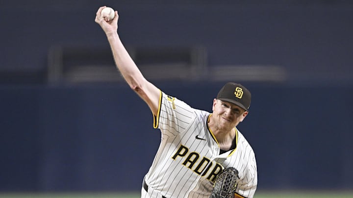 Sep 22, 2025; San Diego, California, USA; San Diego Padres starting pitcher Nick Pivetta (27) delivers during the first inning against the Milwaukee Brewers at Petco Park. Mandatory Credit: Denis Poroy-Imagn Images