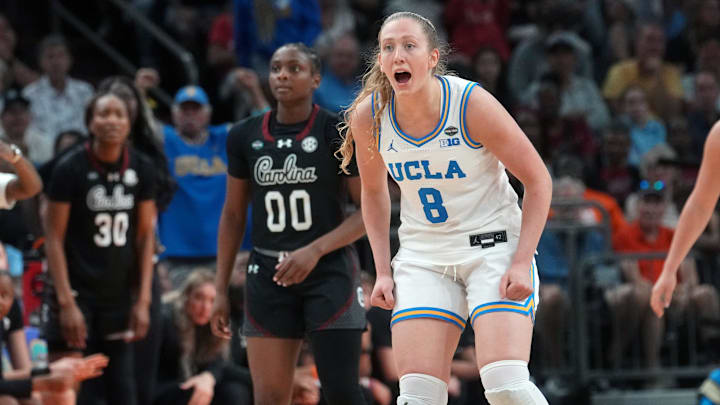 UCLA Bruins guard Gianna Kneepkens (8) yells out to her teammates as they defend the South Carolina Gamecocks during the NCAA women's basketball national championship at Mortgage Matchup Center in Phoenix on April 5, 2026.