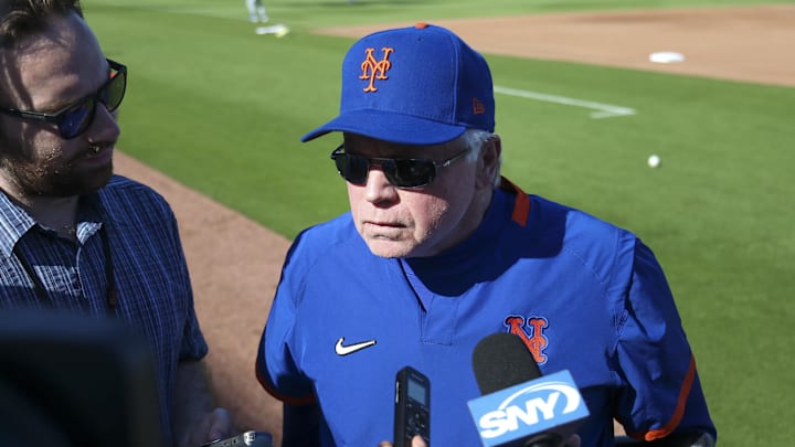 Mar 19, 2022; West Palm Beach, Florida, USA; New York Mets manager Buck Showalter talks to reporters