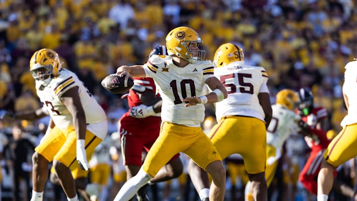 Oct 18, 2025; Tempe, Arizona, USA; Arizona State Sun Devils quarterback Sam Leavitt (10) against the Texas Tech Red Raiders in the second half at Mountain America Stadium. Mandatory Credit: Mark J. Rebilas-Imagn Images Oct 18, 2025; Tempe, Arizona, USA; Arizona State Sun Devils quarterback Sam Leavitt (10) against the Texas Tech Red Raiders in the second half at Mountain America Stadium. Mandatory Credit: Mark J. Rebilas-Imagn Images