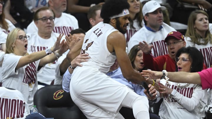 Apr 20, 2025; Cleveland, Ohio, USA; Cleveland Cavaliers center Jarrett Allen (31) falls in to the first row of seats in the third quarter against the Miami Heat at Rocket Arena. Mandatory Credit: David Richard-Imagn Images Apr 20, 2025; Cleveland, Ohio, USA; Cleveland Cavaliers center Jarrett Allen (31) falls in to the first row of seats in the third quarter against the Miami Heat at Rocket Arena. Mandatory Credit: David Richard-Imagn Images