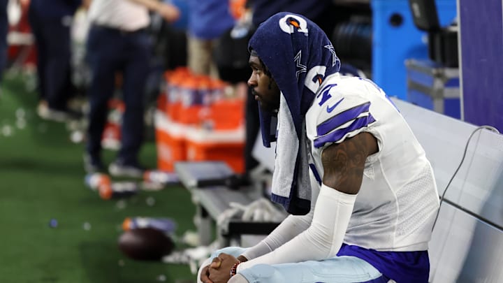 Dallas Cowboys cornerback Trevon Diggs sits on the bench after being defeated by the San Francisco 49ers.