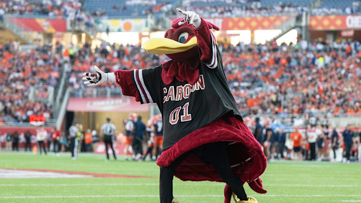 Dec 31, 2024; Orlando, FL, USA; South Carolina Gamecocks mascot dancing during a timeout against the Illinois Fighting Illini in the third quarter at Camping World Stadium. Mandatory Credit: Jeremy Reper-Imagn Images
