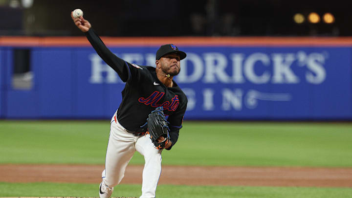 Apr 24, 2026; New York City, New York, USA;  New York Mets pitcher Freddy Peralta (51) delivers a pitch during the second inning against the Colorado Rockies at Citi Field. Mandatory Credit: Vincent Carchietta-Imagn Images