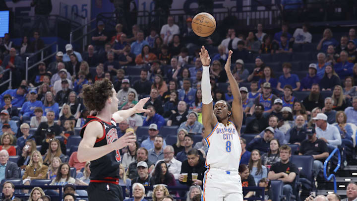 Mar 31, 2025; Oklahoma City, Oklahoma, USA; Oklahoma City Thunder forward Jalen Williams (8) shoots a three point basket against Chicago Bulls guard Josh Giddey (3) during the first quarter at Paycom Center. Mandatory Credit: Alonzo Adams-Imagn Images Mar 31, 2025; Oklahoma City, Oklahoma, USA; Oklahoma City Thunder forward Jalen Williams (8) shoots a three point basket against Chicago Bulls guard Josh Giddey (3) during the first quarter at Paycom Center. Mandatory Credit: Alonzo Adams-Imagn Images