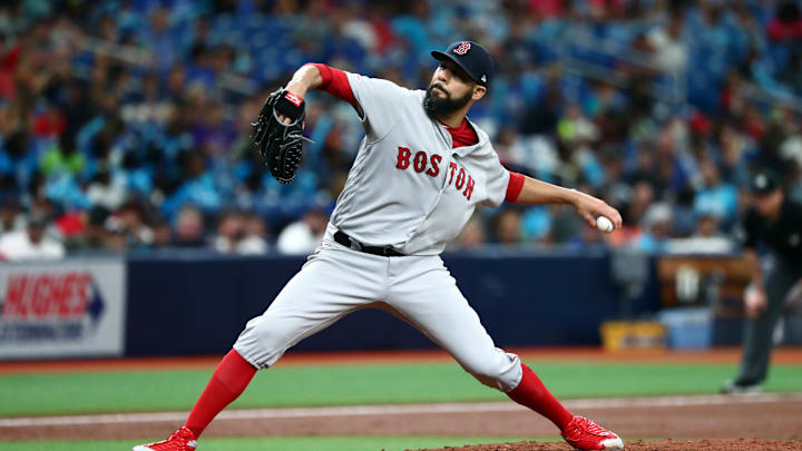 Jul 24, 2019; St. Petersburg, FL, USA; Boston Red Sox starting pitcher David Price (10) throws a pitch during the third inning against the Tampa Bay Rays at Tropicana Field. Mandatory Credit: Kim Klement-Imagn Images