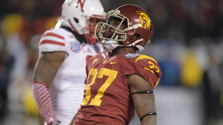 Dec 27, 2014; San Diego, CA, USA; Southern California Trojans receiver Adorre Jackson (2) celebrates after scoring on a 71-yard touchdown reception in the third quarter against the Nebraska Cornhuskers in the 2014 Holiday Bowl at Qualcomm Stadium. Mandatory Credit: Kirby Lee-USA TODAY Sports

