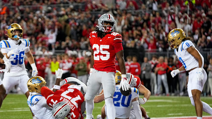 Ohio State Buckeyes running back Bo Jackson (25) reacts after scoring touchdown in the first half of the NCAA college football game at Ohio Stadium on Saturday, Nov. 15, 2025 in Columbus, Ohio.