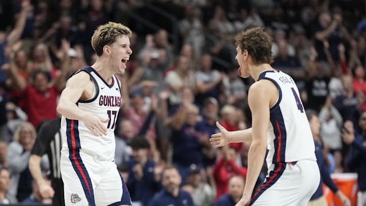Gonzaga Bulldogs guard Mario Saint-Supery (17) and guard Davis Fogle (4)