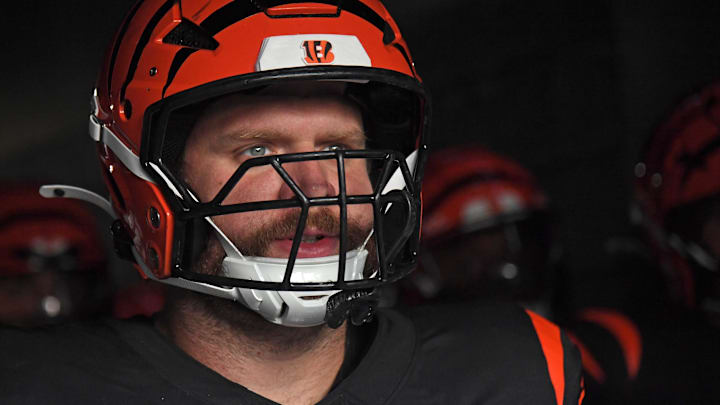Aug 7, 2025; Philadelphia, Pennsylvania, USA; Cincinnati Bengals center Ted Karras (64) in the tunnel against the Philadelphia Eagles at Lincoln Financial Field. Mandatory Credit: Eric Hartline-Imagn Images
