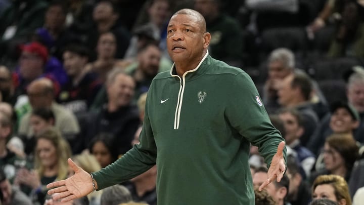 Mar 14, 2024; Milwaukee, Wisconsin, USA;  Milwaukee Bucks head coach Doc Rivers reacts to a call during the first quarter against the Philadelphia 76ers at Fiserv Forum. Mandatory Credit: Jeff Hanisch-USA TODAY Sports