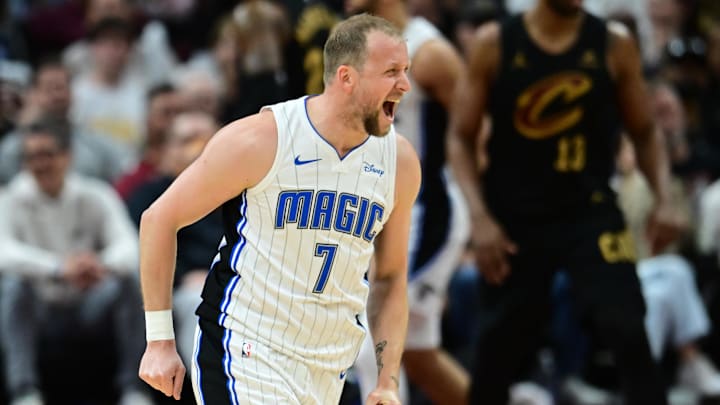 Apr 30, 2024; Cleveland, Ohio, USA; Orlando Magic guard Joe Ingles (7) reacts after a basket during the second half against the Cleveland Cavaliers in game five of the first round for the 2024 NBA playoffs at Rocket Mortgage FieldHouse. Mandatory Credit: Ken Blaze-USA TODAY Sports