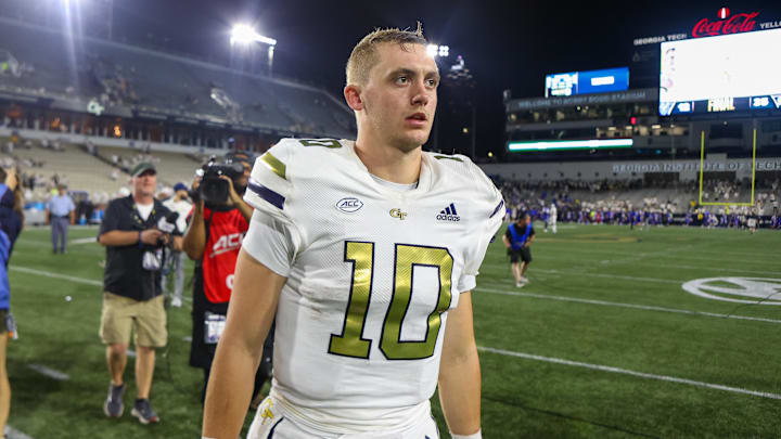 Aug 31, 2024; Atlanta, Georgia, USA; Georgia Tech Yellow Jackets quarterback Haynes King (10) after a victory against Georgia State Panthers at Bobby Dodd Stadium at Hyundai Field. Mandatory Credit: Brett Davis-Imagn Images
Aug 31, 2024; Atlanta, Georgia, USA; Georgia Tech Yellow Jackets quarterback Haynes King (10) after a victory against Georgia State Panthers at Bobby Dodd Stadium at Hyundai Field. Mandatory Credit: Brett Davis-Imagn Images