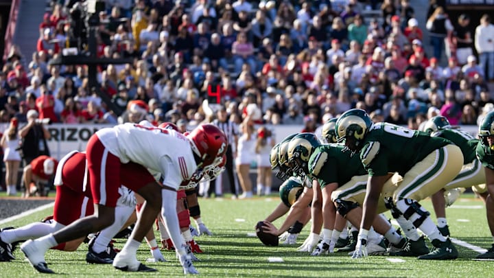 Dec 28, 2024; Tucson, AZ, USA; General view down the line of scrimmage as the Colorado State Rams center prepares to snap the ball against the Miami (OH) RedHawks during the Snoop Dogg Arizona Bowl at Arizona Stadium. Mandatory Credit: Mark J. Rebilas-Imagn Images

