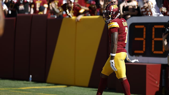 Oct 6, 2024; Landover, Maryland, USA; Washington Commanders wide receiver Dyami Brown (2) celebrates after scoring a touchdown against the Cleveland Browns during the second quarter at NorthWest Stadium. Mandatory Credit: Geoff Burke-Imagn Images Oct 6, 2024; Landover, Maryland, USA; Washington Commanders wide receiver Dyami Brown (2) celebrates after scoring a touchdown against the Cleveland Browns during the second quarter at NorthWest Stadium. Mandatory Credit: Geoff Burke-Imagn Images