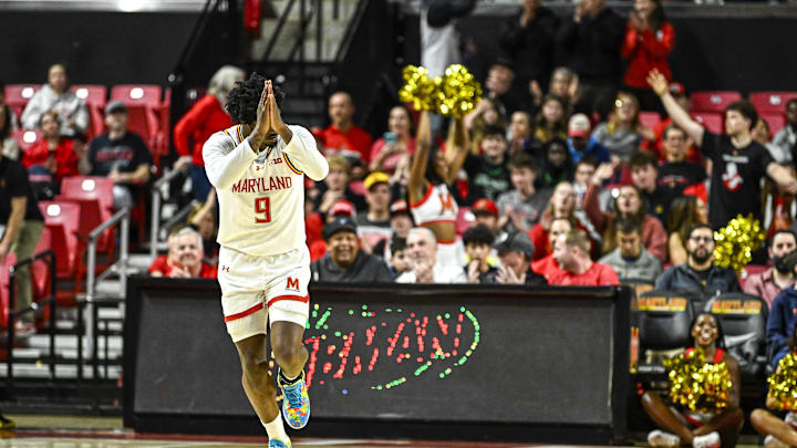 Jan 2, 2026; College Park, Maryland, USA;  Maryland Terrapins forward Solomon Washington (9) reacts after making a three point basket during the first half against the Oregon Ducks at Xfinity Center. Mandatory Credit: Tommy Gilligan-Imagn Images