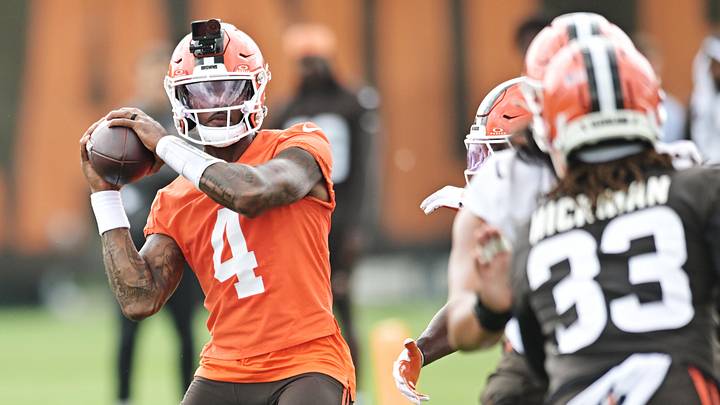 Jun 11, 2026; Berea, OH, USA; Cleveland Browns quarterback Deshaun Watson (4) looks to pass during minicamp at CrossCountry Mortgage Campus. Mandatory Credit: Ken Blaze-Imagn Images
Jun 11, 2026; Berea, OH, USA; Cleveland Browns quarterback Deshaun Watson (4) looks to pass during minicamp at CrossCountry Mortgage Campus. Mandatory Credit: Ken Blaze-Imagn Images