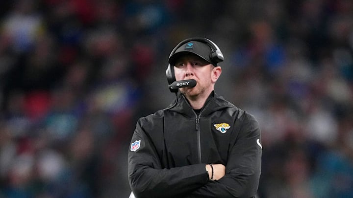 Oct 19, 2025; London, United Kingdom; Jacksonville Jaguars head coach Liam Coen looks on during the second half of an NFL International Series game at Wembley Stadium. Mandatory Credit: Kirby Lee-Imagn Images