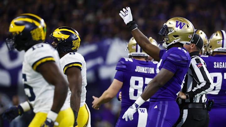 Oct 5, 2024; Seattle, Washington, USA; Washington Huskies edge Milton Hopkins Jr. (14) celebrates a field goal against the Michigan Wolverines during the fourth quarter at Alaska Airlines Field at Husky Stadium. Mandatory Credit: Joe Nicholson-Imagn Images