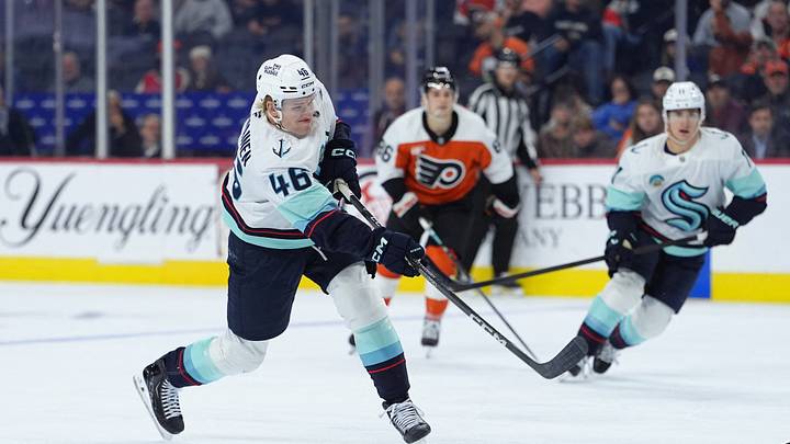 Oct 13, 2026; Philadelphia, Pennsylvania, USA; Seattle Kraken defenseman Ville Ottavainen (46) scores a goal against the Philadelphia Flyers in the second period at Xfinity Mobile Arena. Mandatory Credit: Kyle Ross-Imagn Images