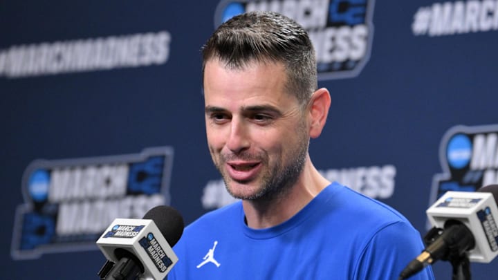 Mar 20, 2025; Raleigh, NC, USA;  Florida Gators basketball head coach Todd Golden during the NCAA pre tournament press conference at Lenovo Center. Mandatory Credit: Zachary Taft-Imagn Images
