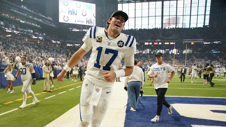 Sep 14, 2025; Indianapolis, IN; Colts quarterback Daniel Jones celebrates a win against the Denver Broncos at Lucas Oil Stadium