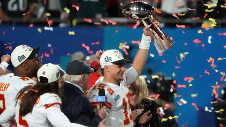 Kansas City Chiefs quarterback Patrick Mahomes (15) hoists the Lombardi Trophy after defeating the Philadelphia Eagles in Super Bowl LVII at State Farm Stadium in Glendale on Feb. 12, 2023 Kansas City Chiefs quarterback Patrick Mahomes (15) hoists the Lombardi Trophy after defeating the Philadelphia Eagles in Super Bowl LVII at State Farm Stadium in Glendale on Feb. 12, 2023
