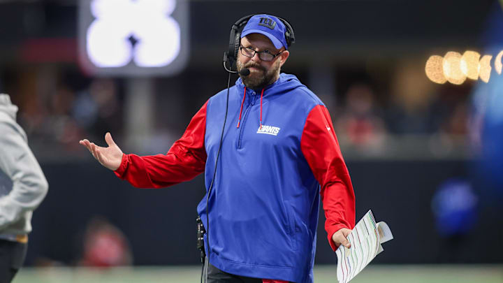 Dec 22, 2024; Atlanta, Georgia, USA; New York Giants head coach Brian Daboll on the sideline against the Atlanta Falcons in the third quarter at Mercedes-Benz Stadium. 