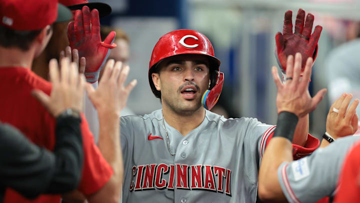 Apr 9, 2026; Miami, Florida, USA; Cincinnati Reds first baseman Sal Stewart (27) celebrates with teammates after hitting a home run against the Miami Marlins during the fifth inning at loanDepot Park. Mandatory Credit: Sam Navarro-Imagn Images Apr 9, 2026; Miami, Florida, USA; Cincinnati Reds first baseman Sal Stewart (27) celebrates with teammates after hitting a home run against the Miami Marlins during the fifth inning at loanDepot Park. Mandatory Credit: Sam Navarro-Imagn Images