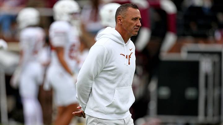 Oct 25, 2025; Starkville, Mississippi, USA; Texas Longhorns head coach Steve Sarkisian looks on during warm ups  prior to the game against the Mississippi State Bulldogs  at Davis Wade Stadium at Scott Field. Mandatory Credit: Petre Thomas-Imagn Images