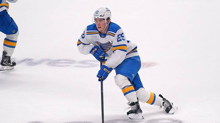 Mar 6, 2026; San Jose, California, USA; St. Louis Blues right winger Jonatan Berggren (29) advances the puck against the San Jose Sharks in the third period at SAP Center in San Jose. Mandatory Credit: David Gonzales-Imagn Images