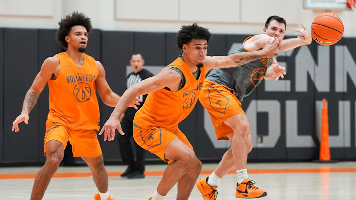 Tennessee guards Bishop Boswell (6) and Grant Hurst (7) during Tennessee basketball's media day and practice held at Pratt Pavilion on Oct. 9, 2025.