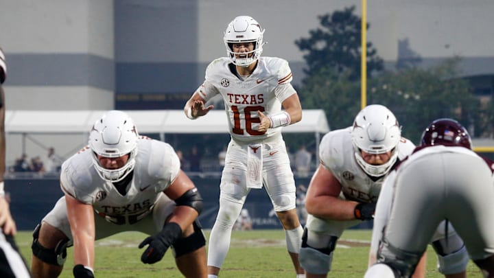 Oct 25, 2025; Starkville, Mississippi, USA; Texas Longhorns quarterback Arch Manning (16) waits for the snap during the fourth quarter against the Mississippi State Bulldogs at Davis Wade Stadium at Scott Field. Mandatory Credit: Petre Thomas-Imagn Images