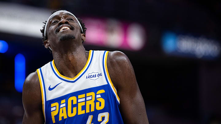 Mar 29, 2026; Indianapolis, Indiana, USA;  Indiana Pacers forward Pascal Siakam (43) in the second half against the Miami Heat at Gainbridge Fieldhouse. Mandatory Credit: Trevor Ruszkowski-Imagn Images