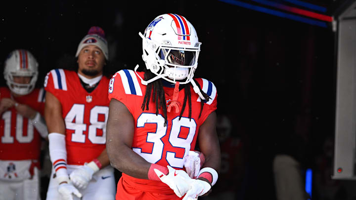 Dec 1, 2024; Foxborough, Massachusetts, USA; New England Patriots running back JaMycal Hasty (39) walks out of the player's tunnel before a game against the Indianapolis Colts at Gillette Stadium. Mandatory Credit: Eric Canha-Imagn Images