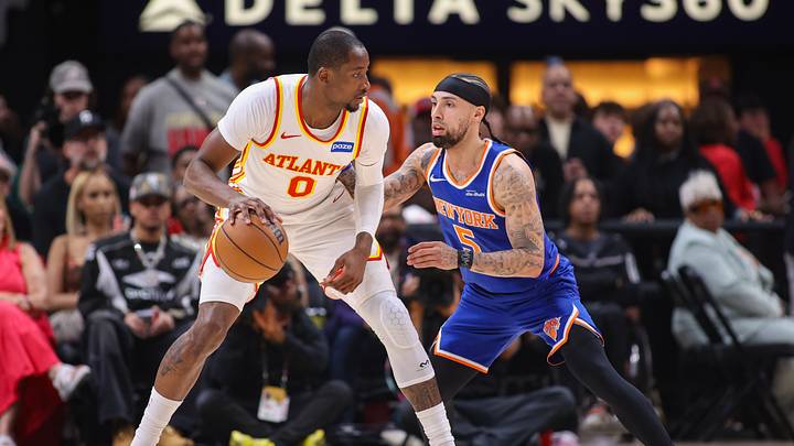 Apr 30, 2026; Atlanta, Georgia, USA; Atlanta Hawks forward Jonathan Kuminga (0) is defended by New York Knicks guard Jose Alvarado (5) in the second quarter during game six of the first round of the 2026 NBA Playoffs at State Farm Arena. Mandatory Credit: Brett Davis-Imagn Images Apr 30, 2026; Atlanta, Georgia, USA; Atlanta Hawks forward Jonathan Kuminga (0) is defended by New York Knicks guard Jose Alvarado (5) in the second quarter during game six of the first round of the 2026 NBA Playoffs at State Farm Arena. Mandatory Credit: Brett Davis-Imagn Images