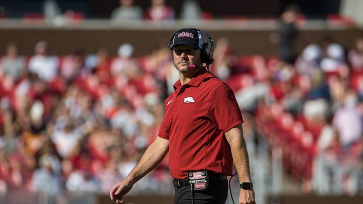 Oct 10, 2026; Fayetteville, Arkansas, USA; Arkansas Razorbacks head coach Ryan Silverfield walks back to the sidelines during the second quarter against the Tennessee Volunteers at Donald W. Reynolds Razorback Stadium. Mandatory Credit: Brett Rojo-Imagn Images Oct 10, 2026; Fayetteville, Arkansas, USA; Arkansas Razorbacks head coach Ryan Silverfield walks back to the sidelines during the second quarter against the Tennessee Volunteers at Donald W. Reynolds Razorback Stadium. Mandatory Credit: Brett Rojo-Imagn Images
