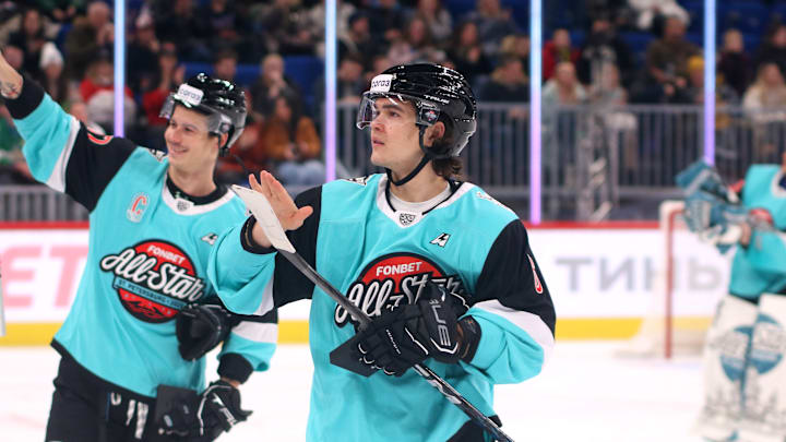 Bogdan Konyushkov (6), a player of the Div. Bobrova hockey...
