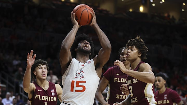 Jan 17, 2024; Coral Gables, Florida, USA; Miami Hurricanes forward Norchad Omier (15) drives to the