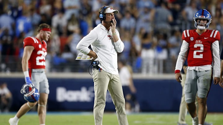 Oct 28, 2023; Oxford, Mississippi, USA; Mississippi Rebels head coach Lane Kiffin watches during a
