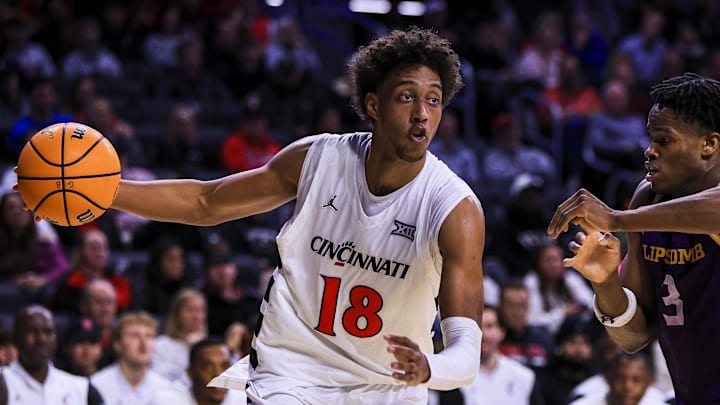 Dec 29, 2025; Cincinnati, Ohio, USA; Cincinnati Bearcats forward Baba Miller (18) dribbles against Lipscomb Bisons forward Kennedy Okpara (3) in the second half at Fifth Third Arena. Mandatory Credit: Katie Stratman-Imagn Images Dec 29, 2025; Cincinnati, Ohio, USA; Cincinnati Bearcats forward Baba Miller (18) dribbles against Lipscomb Bisons forward Kennedy Okpara (3) in the second half at Fifth Third Arena. Mandatory Credit: Katie Stratman-Imagn Images