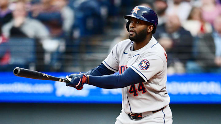 Apr 21, 2026; Cleveland, Ohio, USA; Houston Astros designated hitter Yordan Alvarez (44) hits an RBI double against the Cleveland Guardians during the fifth inning at Progressive Field. 