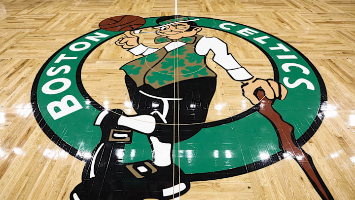 Feb 28, 2025; Boston, Massachusetts, USA; The Boston Celtics logo is seen on the court before the game between the Boston Celtics and the Cleveland Cavaliers at TD Garden. Mandatory Credit: Winslow Townson-Imagn Images