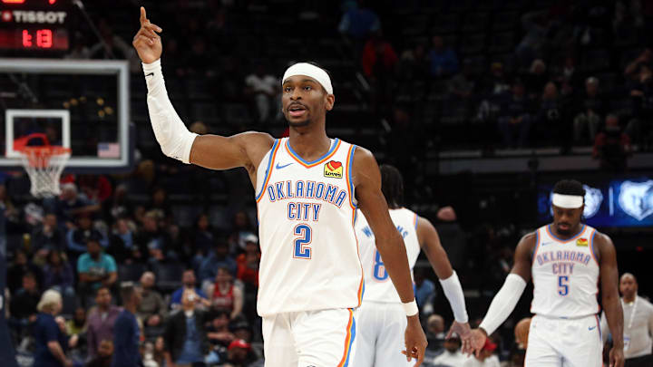 Mar 5, 2025; Memphis, Tennessee, USA; Oklahoma City Thunder guard Shai Gilgeous-Alexander (2) reacts during the fourth quarter against the Memphis Grizzlies at FedExForum. Mandatory Credit: Petre Thomas-Imagn Images