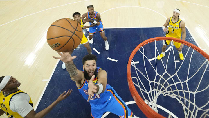 Jun 13, 2025; Indianapolis, Indiana, USA; Oklahoma City Thunder forward Kenrich Williams (34) shoots the ball against the Indiana Pacers during the first half during game four of the 2025 NBA Finals at Gainbridge Fieldhouse. Mandatory Credit: Kyle Terada-Imagn Images