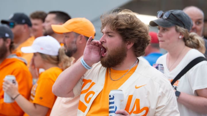 A Tennessee baseball fans yells out to Evansville players during the Knoxville Super Regional in the NCAA baseball tournament on Sunday, June 9, 2024 in Knoxville, Tenn.