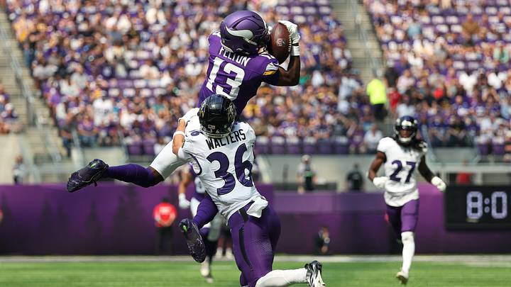 Aug 22, 2026; Minneapolis, Minnesota, USA; Minnesota Vikings wide receiver Tai Felton (13) catches a pass as Baltimore Ravens safety Silas Walters (36) defends during the first half at U.S. Bank Stadium. Mandatory Credit: Matt Krohn-Imagn Images Aug 22, 2026; Minneapolis, Minnesota, USA; Minnesota Vikings wide receiver Tai Felton (13) catches a pass as Baltimore Ravens safety Silas Walters (36) defends during the first half at U.S. Bank Stadium. Mandatory Credit: Matt Krohn-Imagn Images