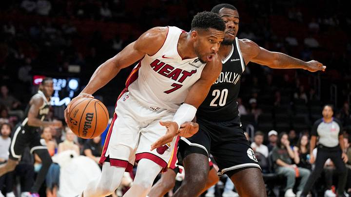 Oct 14, 2026; Miami, Florida, USA; Miami Heat forward Giannis Antetokounmpo (7) drives up the court as Brooklyn Nets center Day'ron Sharpe (20) follows on the play during the first half at Kaseya Center. Mandatory Credit: Jim Rassol-Imagn Images Oct 14, 2026; Miami, Florida, USA; Miami Heat forward Giannis Antetokounmpo (7) drives up the court as Brooklyn Nets center Day'ron Sharpe (20) follows on the play during the first half at Kaseya Center. Mandatory Credit: Jim Rassol-Imagn Images
