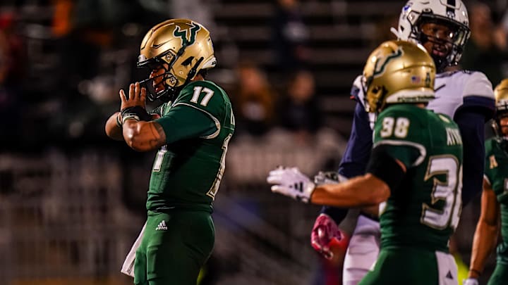 Oct 21, 2023; East Hartford, Connecticut, USA;  South Florida Bulls quarterback Byrum Brown (17) reacts after running the ball for a touchdown against the UConn Huskies in the second half at Rentschler Field at Pratt & Whitney Stadium. Mandatory Credit: David Butler II-USA TODAY Sports